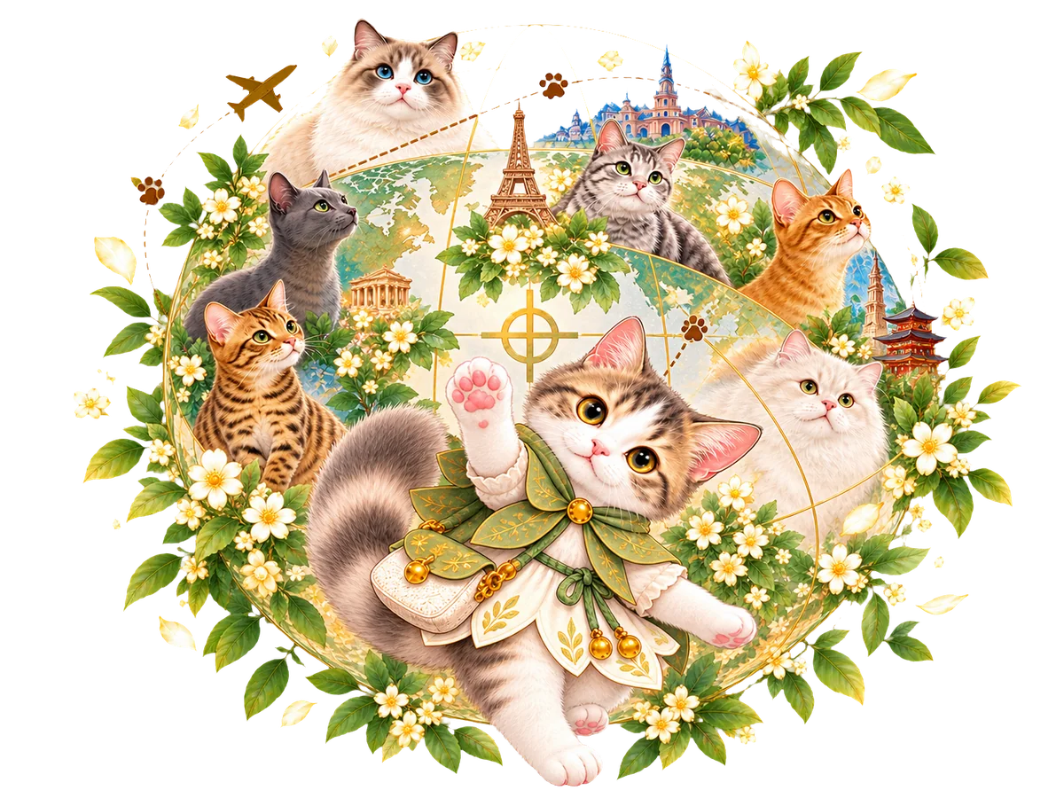 世界地図を背景に、さまざまな猫種と案内役のつみれが並ぶイラスト